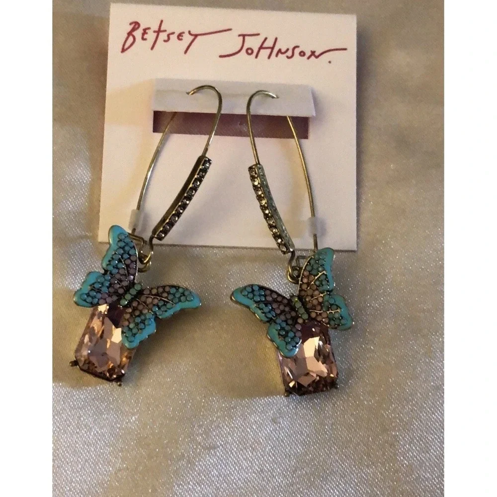 Betsey Johnson Boho Butterfly Pink & Blue Drop Earrings Crystal Accents NWT